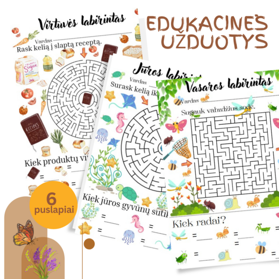 Labirintų užduotys vaikams | 6 puslapių PDF rinkinys su skaičiavimu ir objektų paieška